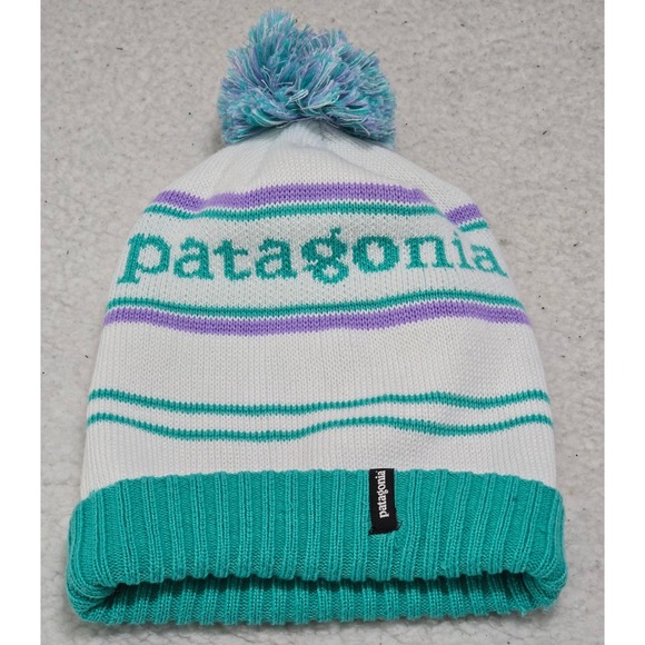 Patagonia Powder Town Beanie Teal Purple White Striped Pom Pom Knit Hat 29187 - Picture 6 of 10